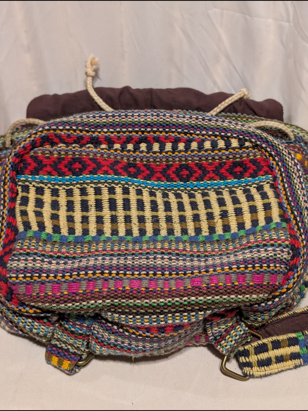 World Market Multicolor Woven Backpack with Brown Leather Buckle - Picture 6 of 10